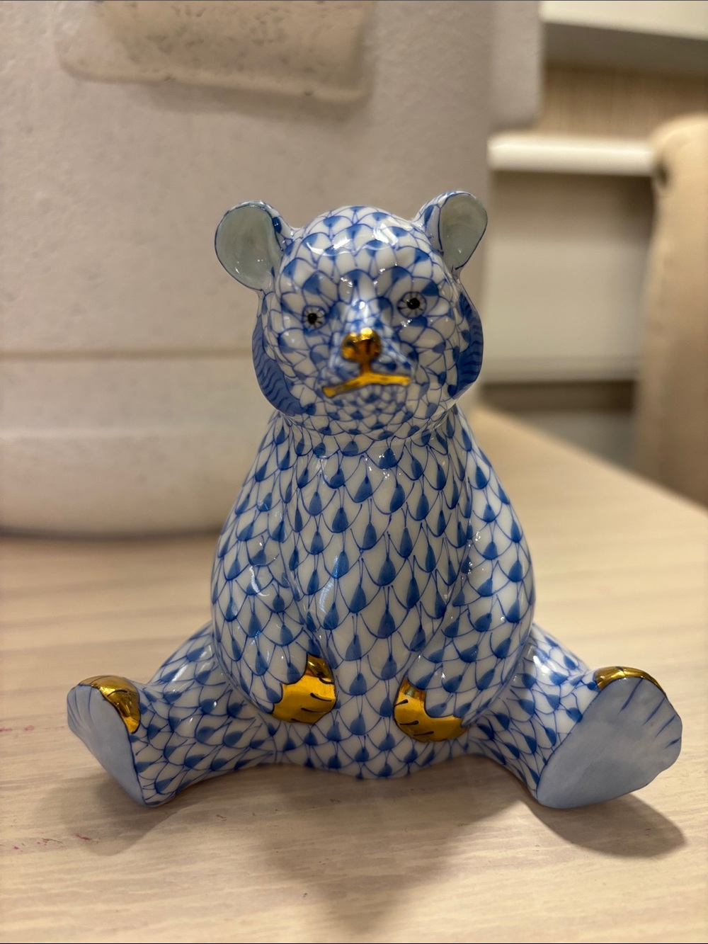 Herend Blue and Gold Fishnet Sitting Bear Figurine